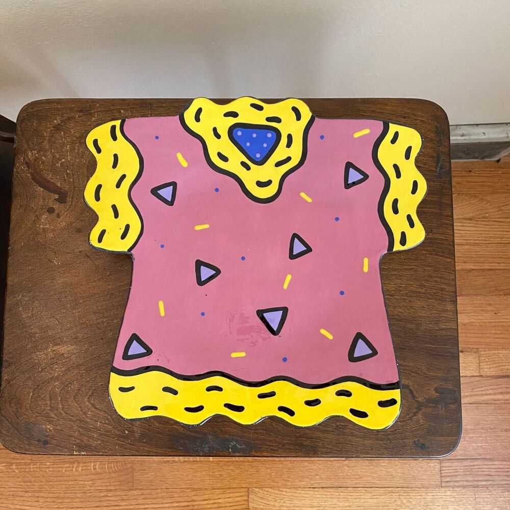 Vintage Retro Cartoon Shirt Platter Tray w Feet Ceramic Pink Yellow Confetti 90s